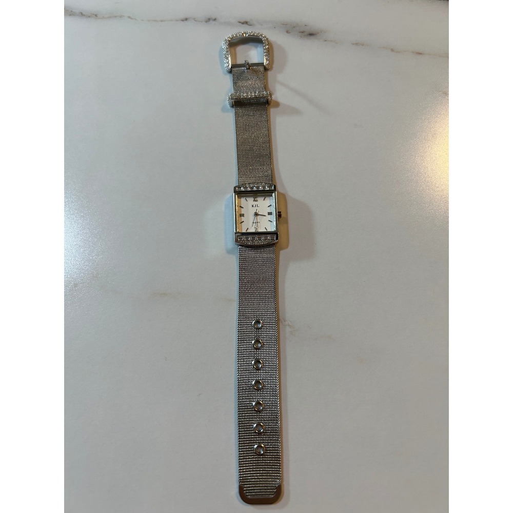 VintageKenneth Jay Lane KJL SilverMesh Band Watch Crystal Bezel Rectangular Face